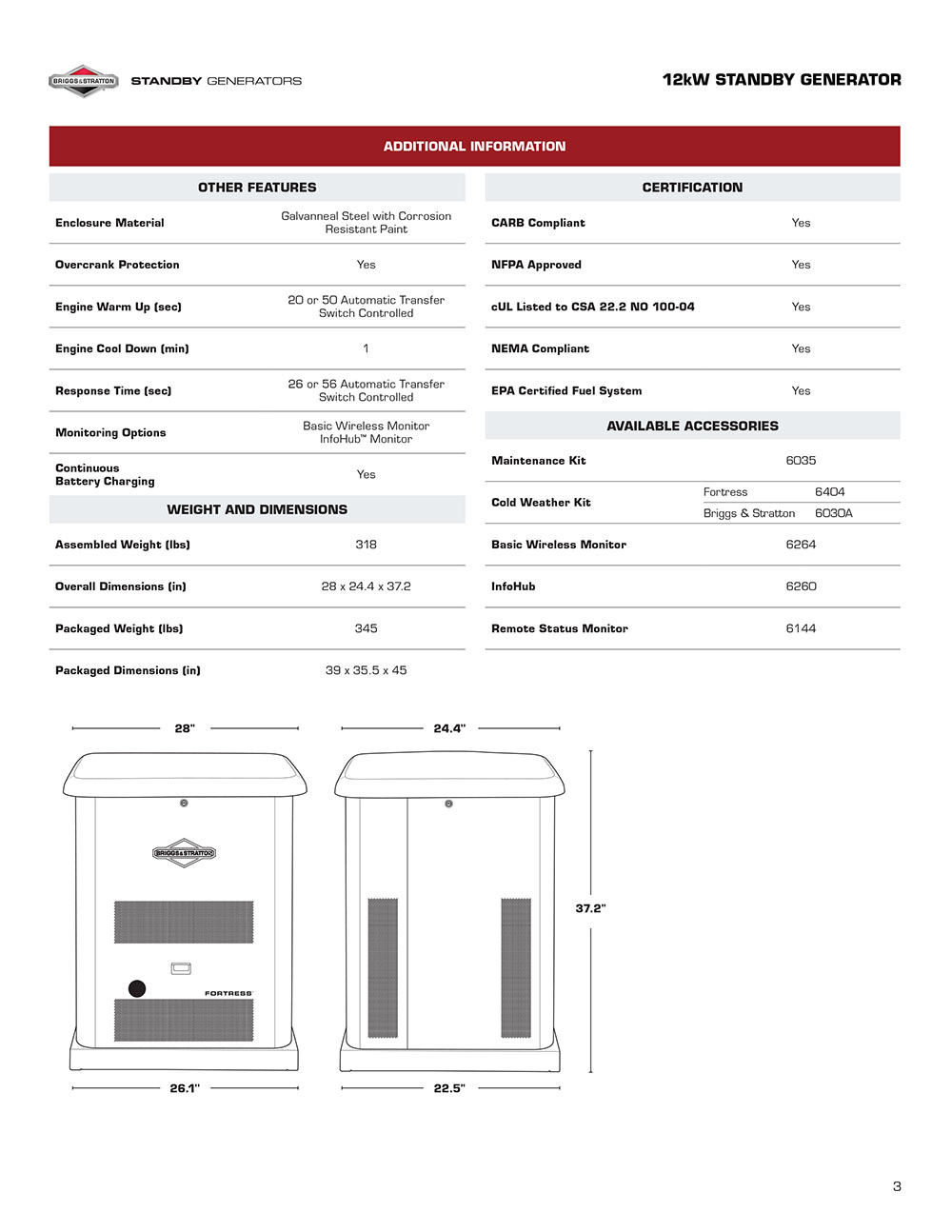 12W Briggs & Stratton Fortress Standby Generators - Additional Information