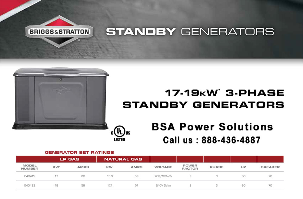 Briggs 7 Stratton 17-19kW 3-PHASE Standby Generators