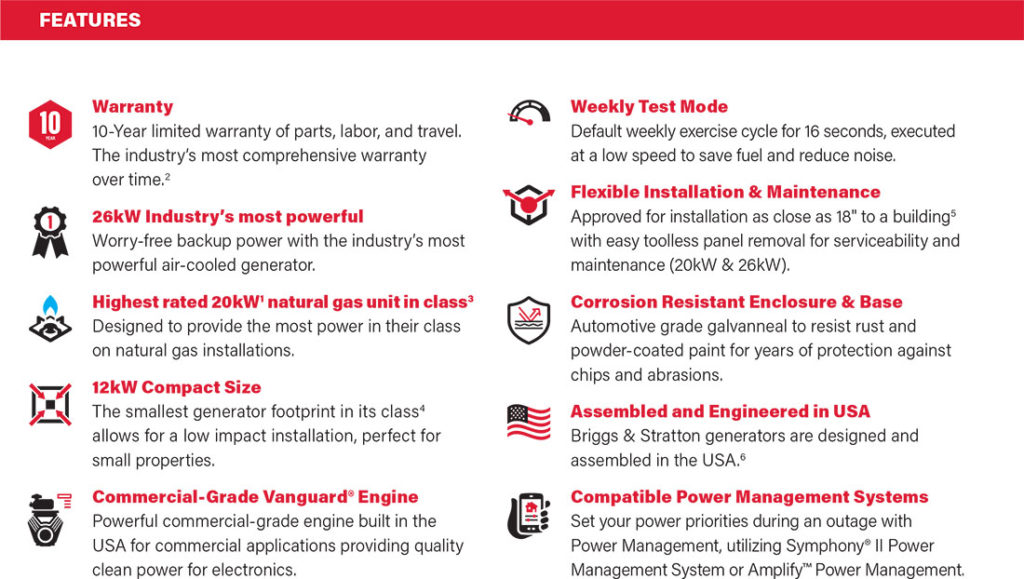 Briggs & Stratton Power Protect Standby Generators - DX-20kW-26kW Features, 10-Year limited warranty of parts, labor, and travel. The industry’s most comprehensive warranty over time, Worry-free backup power with the industry’s most powerful air-cooled generator, Designed to provide the most power in their class on natural gas installations, The smallest generator footprint in its class4 allows for a low impact installation, perfect for small properties,Powerful commercial-grade engine built in the USA for commercial applications providing quality clean power for electronics, Default weekly exercise cycle for 16 seconds, executed at a low speed to save fuel and reduce noise, Approved for installation as close as 18" to a building5 with easy toolless panel removal for serviceability and maintenance (20kW & 26kW), Automotive grade galvanneal to resist rust and powder-coated paint for years of protection against chips and abrasions, Briggs & Stratton generators are designed and assembled in the USA, Set your power priorities during an outage with Power Management, utilizing Symphony® II Power Management System or Amplify™ Power Management. 